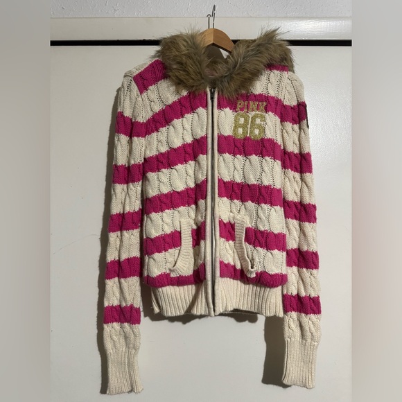 PINK Victoria's Secret Tops - Pink Victoria's Secret Pink Striped cableknit Cardigan Faux Fur Hood Small logo